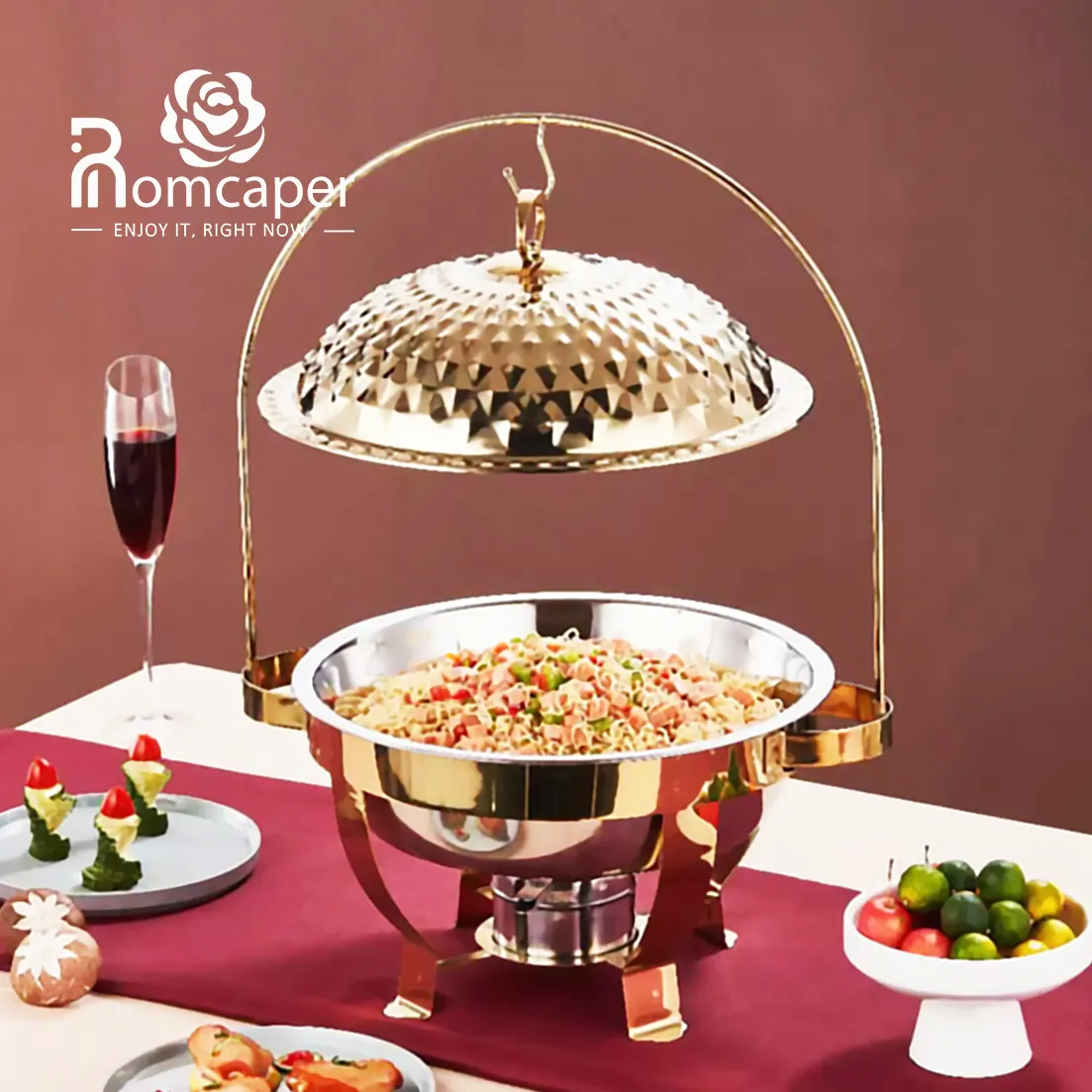 Attrezzature per la ristorazione buffet hot pot set di server scaldavivande, buffet d'oro di lusso Catering set di buffet per scaldavivande in acciaio inossidabile