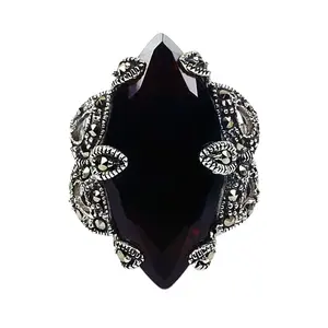Marcasite चांदी की अंगूठी काले पत्थर थोक स्टर्लिंग चांदी के गहने 925 चांदी काले पत्थर की अंगूठी पुरुषों के लिए