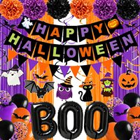 Décorations de fête d'Halloween, ensemble de décorations d'Halloween avec bannière, autocollants, guirlande suspendue, rideaux à franges, ballons BOO