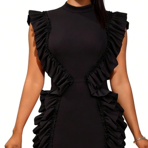 Robes midi noires à volants sans manches pour femmes - Robe de soirée élégante et formelle avec col montant et détail de volants superposés - Product Image 3