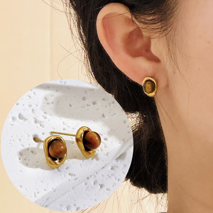 Collar con colgante de piedra de ojo de tigre Natural marrón <span class=keywords><strong>Murad</strong></span>, pendientes de frijoles dorados, conjunto de joyería de acero inoxidable, regalo - Product Image 4