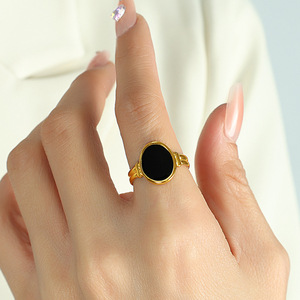 European Style <b>Titanium</b> Steel <b>Ring</b> Gold Black Water Drop Shape Bezel Setting Open Adjustable Unisex Jewelry Gift - Product Image 1