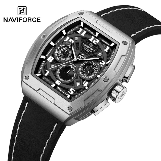 NAVIFORCE NF8053 Business Genuine Leather Brand Quartz Watch for Men Chronograph Tonneau Waterproof Quartz Watch Male Wristwatch