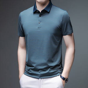 T-shirt à manches courtes en soie de glace froide hommes d'été d'âge moyen et personnes âgées sans couture rayé demi-manche chemise revers sweat nouveau - Product Image 4