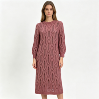 Robe longue en maille rouge Holly Midi personnalisée OEM & ODM de haute qualité pour femme, à manches longues, style pointelle, pour le loisir, vente en gros