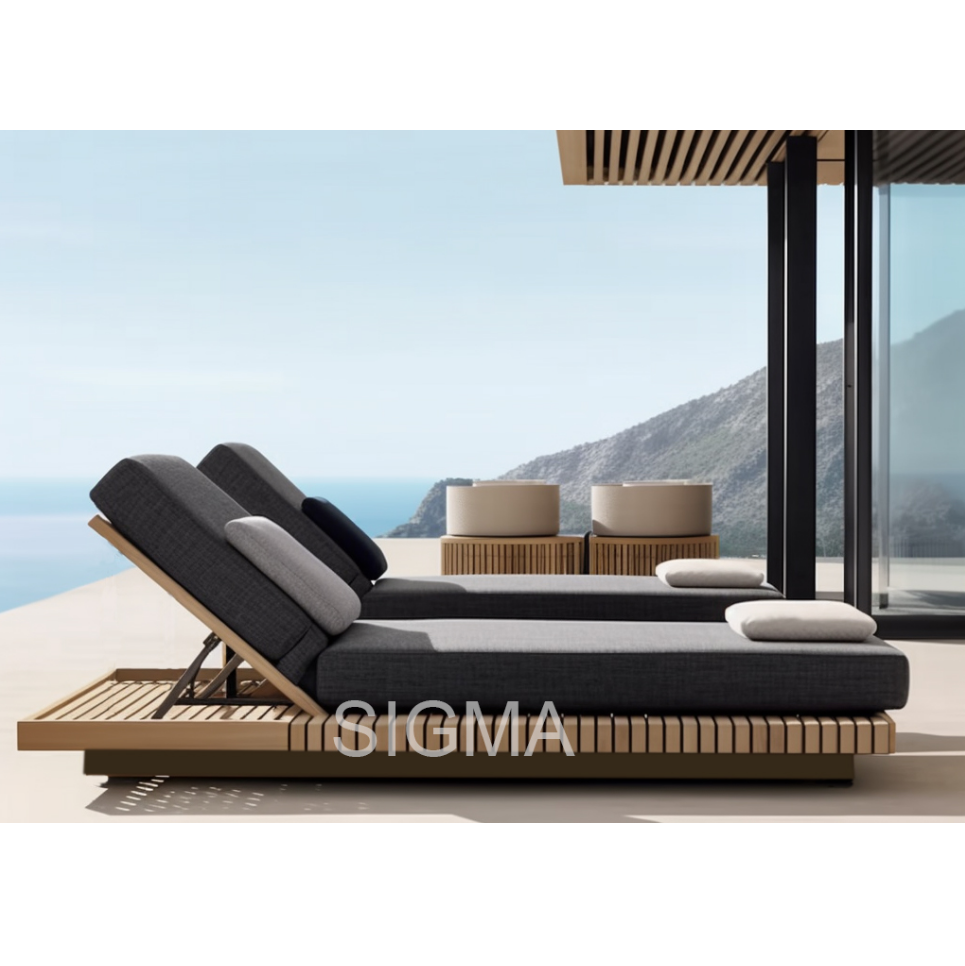 Factory Custom Garden Set Fabric All Weather Sunbed Waterproof Outdoor Teak Wooden Chaise Sun Lounger