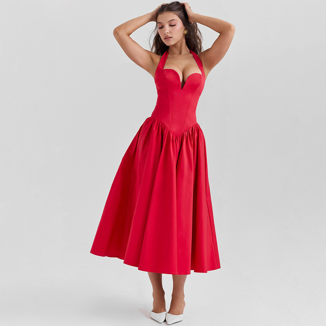 Luxury Summer Women Halter Dress Red Elegant Fit and Flare Birthday Dress Long Casual Sexy Dress Female Clothing