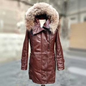 Manteau long en cuir pour femme, manteau à capuche en fourrure, manteau long pour l'hiver, meilleur cadeau, col en fausse fourrure pour femme - Product Image 1