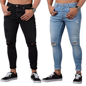 Jean en denim coupe bootcut personnalisé pour <span class=keywords><strong>homme</strong></span>, déchiré, délavé clair, couleur unie, coupe <span class=keywords><strong>slim</strong></span>, style streetwear, effet usé - Product Image 2