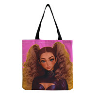 Sac à bandoulière en lin léger pour femmes en gros noir fille imprimé sac à main dessin animé pliant voyage et sac à provisions