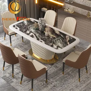 Ruang makan furnitur marmer Set meja makan Modern mewah teratas 6 tempat duduk