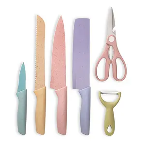 Colorful Wheat Straw Stainless Steel Chef Kitchen Knife Set with gifts box cutting board scissors tools knives & accessories