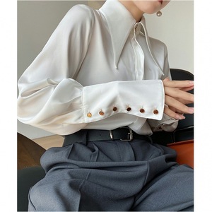 Women's <b>Satin</b> Shirt Wide Collar Long Sleeve Gem Button Detail Formal Office <b>Blouse</b> Fashion - Product Image 1