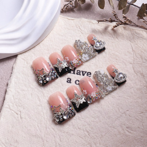Faux ongles de luxe faits main, style bec de canard, noir, French Star, entièrement ornés de strass, pour fêtes, banquets, manucure, vente en gros - Product Image 4