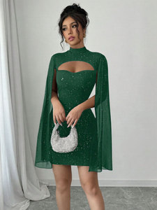 Abito corto estivo da donna, stile europeo-americano, transfrontaliero, slim fit, sexy, da club, a vita alta, con maniche a pipistrello, collo a lupetto, antistatico - Product Image 4