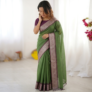 Green Cotton Blend <b>Saree</b> <b>Purple</b> Border Checkered Pattern Women Traditional Indian Wedding Wear Floor Length Regular Fit Sun - Product Image 1