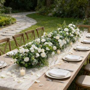 DKB New Design Modern Customized Artificial Artificial Silk White Rose Flower Row <b>Table</b> Runner Wedding Centerpieces - Product Image 1