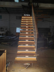 <span class=keywords><strong>Escalera</strong></span> de peldaño de madera, viga de acero al carbono, <span class=keywords><strong>dos</strong></span> largueros, <span class=keywords><strong>escalera</strong></span>, pasamanos de vidrio para interiores, escalón de madera, escaleras de metal rectas - Product Image 2