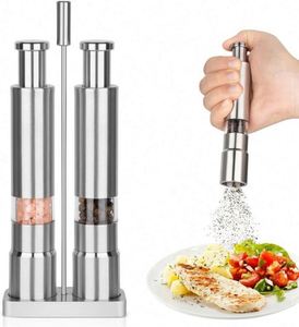 Mini Stainless-Steel One-Handed Thumb Push Button Spice Mill Salt and <b>Pepper</b> <b>Grinder</b> Set with Stand for BBQ - Product Image 2