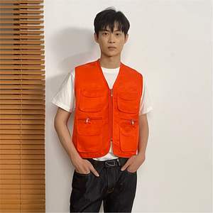 Chaleco de lona reversible informal de otoño con cremallera para hombre, chaleco multibolsillos de pesca de poliéster 100% para exteriores - Product Image 1