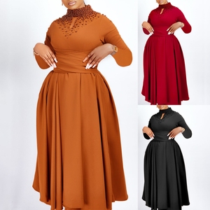 D454 Nouveauté Robes Maxi Unies Vêtements Femme Grossiste Col Rond Manches Longues Grandes Tailles - Product Image 2