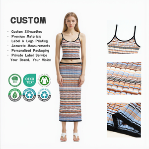 ชุดเซ็ตไหมพรมลายทางสำหรับผู้หญิง 2 ชิ้น เสื้อสายเดี่ยวและกระโปรงยาว ขายส่งเสื้อผ้าลำลองฤดูร้อนสำหรับผู้หญิง - Product Image 1