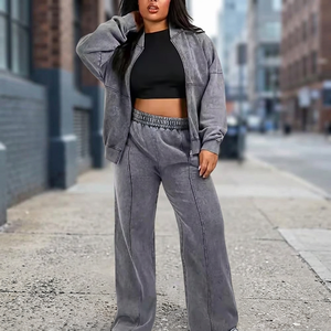 Ensemble de survêtement pour femmes grande taille, couleur unie, avec poches latérales, fermeture éclair, col rabattu, coupe ample décontractée, vêtements d'automne - Product Image 1