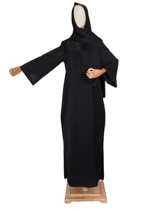 Dubai Arabic phong cách sàn Chiều dài abaya trong màu đen tôn tạo với ren nút dệt từ voan vải đồng bằng nhuộm kỹ thuật - Product Image 6