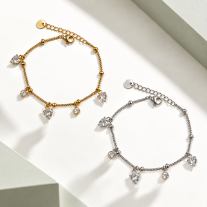 Zirconia <b>Charm</b> <b>Bracelet</b>, Stainless Steel with Zirconia, Gold and <b>Silver</b> Color Options, Gold Variant 14K Gold Vacuum Plated - Product Image 1
