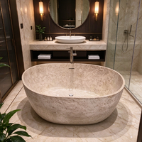Baignoire autoportante HONGDEC de luxe en pierre artificielle à texture travertin, baignoire ovale pour trempage, salle de bain