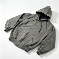 Veste d'hiver pour homme, style workwear vintage vieilli, coupe droite, à capuche zippée, en toile délavée, entièrement zippée, avec doublure matelassée et broderie