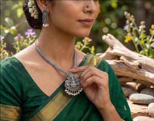 DIVYORO Oxidized Goddess Emblem Long <b>Necklace</b> Set for Women <b>Statement</b> <b>Necklace</b> with Matching Earrings Premium Oxidized - Product Image 1