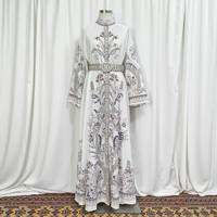 Abaya vintage à imprimé floral pour adultes avec ceinture assortie, robe longue décontractée à col montant et manches évasées pour femmes musulmanes