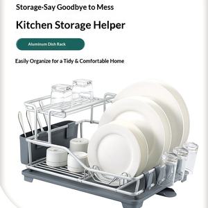 キッチン用耐久性のあるモダンな二層アルミ製食器乾燥ラック、食器やボウル用の多機能収納付き - Product Image 3