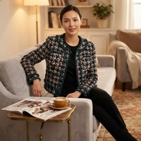 Veste en tweed à carreaux colorée pour femmes, boutonnée sur le devant, avec finitions dorées, style vintage chic parisien, élégante pour le bureau, style automne-hiver