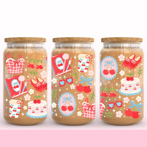Cherrylicious Kawaii Design Glass <span class=keywords><strong>Can</strong></span> Wrap Retro Girly Red Gingham UV DTF Transferencia de calor en PET y PVC para tazas - Product Image 1