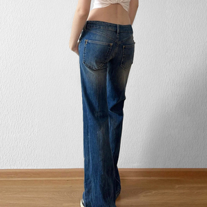 Women Washed Denim Flare Jeans Low Rise Straight Leg <b>Pants</b> Casual Street Style Fashion Trousers - Product Image 4