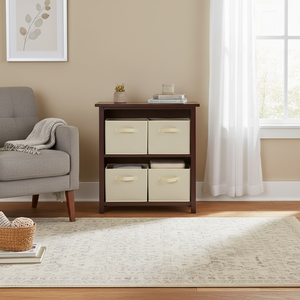 Verona 2-Section M Storage <b>Shelf</b> with 4 Beige Fabric <b>Baskets</b> Foldable Design for Efficient Organization - Product Image 3