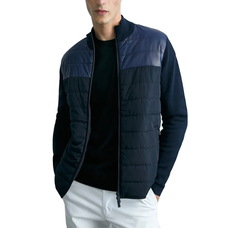 OEM Men's Bomber Jackets Custom Front Double Zipper Fine Cotton Knitted Fabric Patchwork Cardigan Quilted Jacket For Men