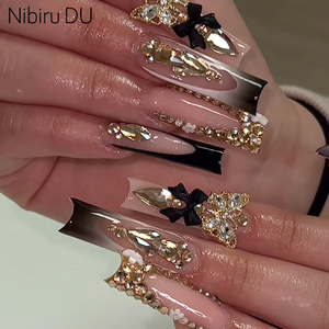 <span class=keywords><strong>Uñas</strong></span> <span class=keywords><strong>Postizas</strong></span> Francesas Largas Tipo Ataúd <span class=keywords><strong>con</strong></span> <span class=keywords><strong>Pegamento</strong></span>, Adorno de Diamantes, <span class=keywords><strong>Uñas</strong></span> Acrílicas Adhesivas, Punta de Manicura Negra Estilo Bailarina - Product Image 1