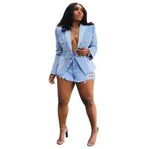 Kadın için seksi kot Chic Denim Denim Blazer Demin ceket