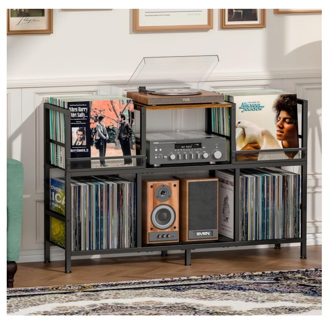 3-Compartment Record Storage Cabinet, Holds 300+ Albums, Sturdy Record Player Table for Living Room & Music Room