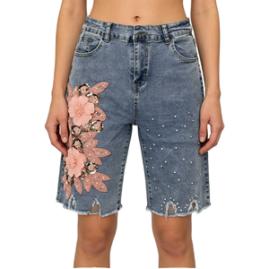 High Waist Denim <b>Shorts</b> With Floral <b>Sequin</b> Embroidery Distressed Hem Bohemian Style Breathable Summer Women's <b>Shorts</b> - Product Image 1