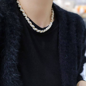 14K Gold Filled Hand Woven <b>Necklace</b>, 11-12mm High Luster Edison Pearl With Black Spinel Ladies <b>Statement</b> Neck Chain - Product Image 4