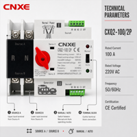 Commutateur de transfert automatique monophasé (ATS) CNXE CXQ2-100/2P 100A de qualité PC 220VAC 50/60Hz pour alimentation réseau, générateur et solaire