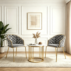 Fauteuil d'appoint en <span class=keywords><strong>velours</strong></span> tissé à la main, style luxe léger, avec pieds en métal doré - Product Image 2