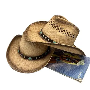 Уличная ковбойская соломенная шляпа из рафии, плетеная с маланским цветком, бирюзовая соломенная шляпа с козырьком, соломенная шляпа от солнца с необработанными краями