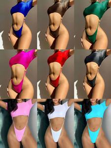 2024 Custom Logo Women's High Cut <strong>One</strong> <strong>Piece</strong> Seamless Swimwear High Neck QUICK DRY Brazilian Swimsuit <strong>G</strong> <strong>String</strong> Thong Bikini - Product Image 2