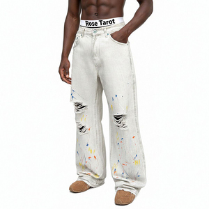 Nouveau <span class=keywords><strong>pantalon</strong></span> en jean tendance de marque, coupe droite ample, <span class=keywords><strong>blanc</strong></span> délavé, de haute qualité, avec trous et motif graffiti - Product Image 1