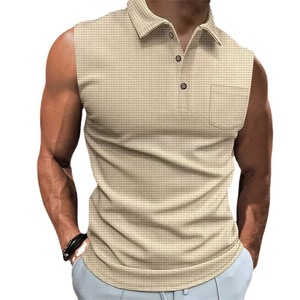 Chaleco de Verano OEM para Hombre, 100% Algodón, Transpirable, Tejido, Informal, Deportivo, con Solapa, Abotonado, Sin Mangas, para Fitness, Estampado Sólido - Product Image 4